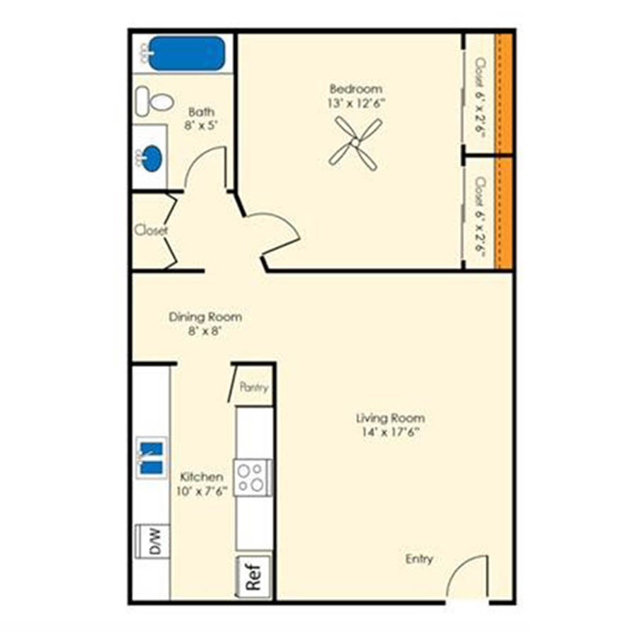 Rendering of the 1x1 780 SF Reno floor plan with 1 bedroom[s] and 1 bathroom[s] at Aura at Midtown