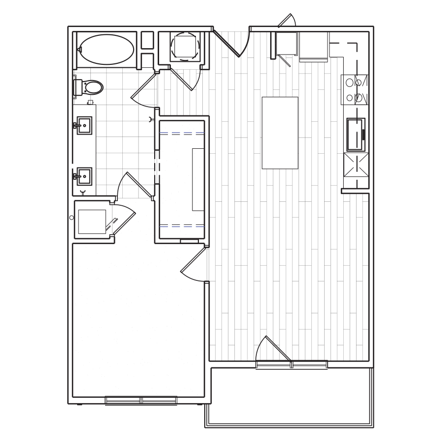 Rendering of the A2 floor plan with 1 bedroom[s] and 1 bathroom[s] at The Locale