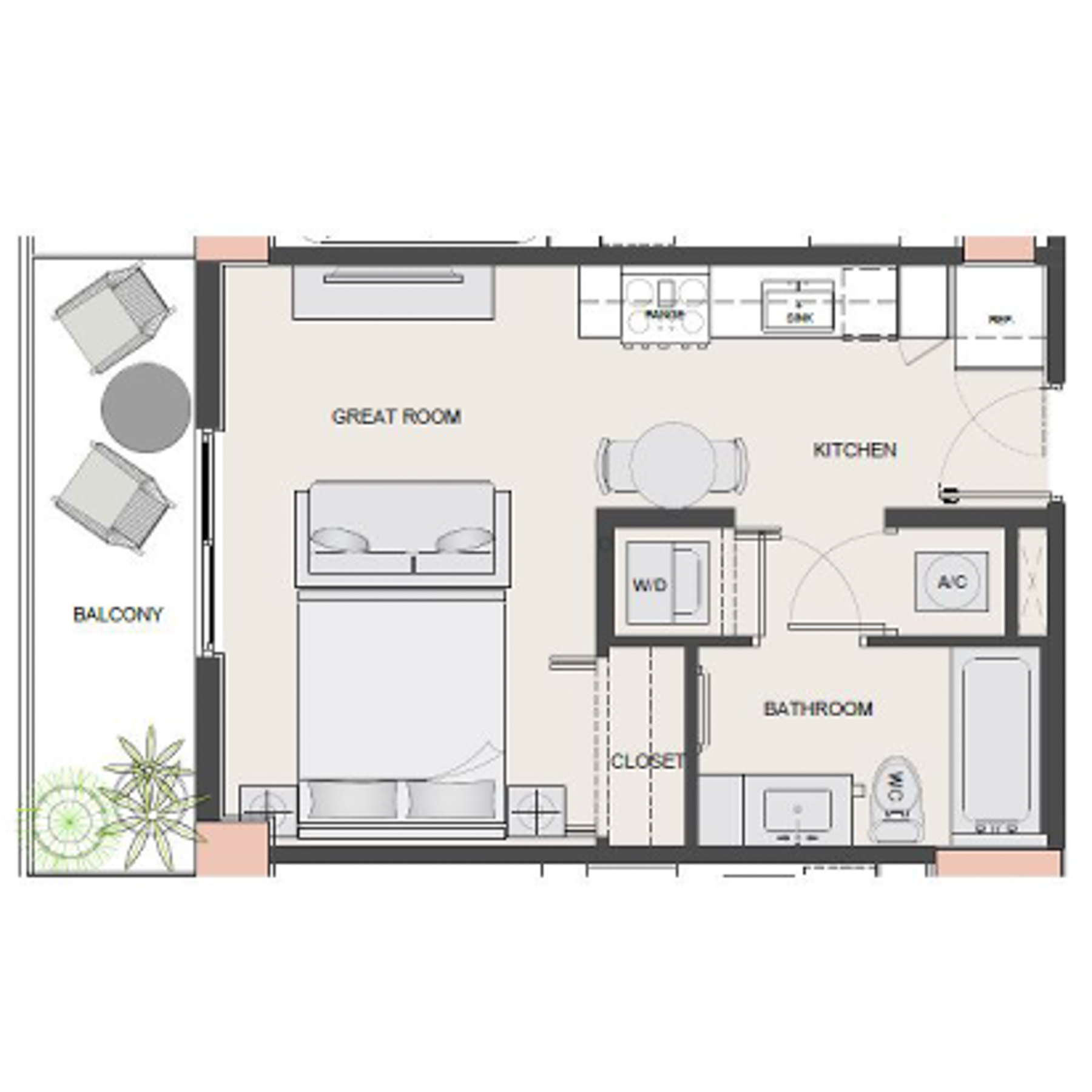 Rendering of the S1 - Affordable floor plan with a Studio bedroom and 1 bathroom[s] at Arte Grand Central Overtown