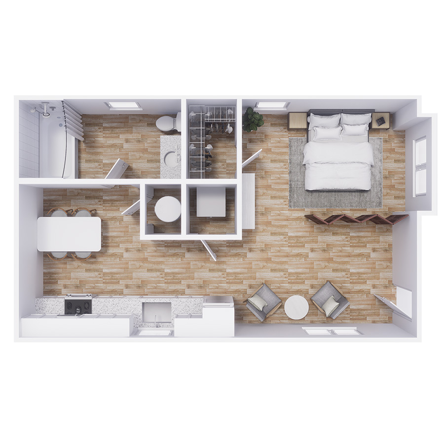 Rendering of the S1 floor plan with a Studio bedroom and 1 bathroom[s] at Cottages at North Carefree