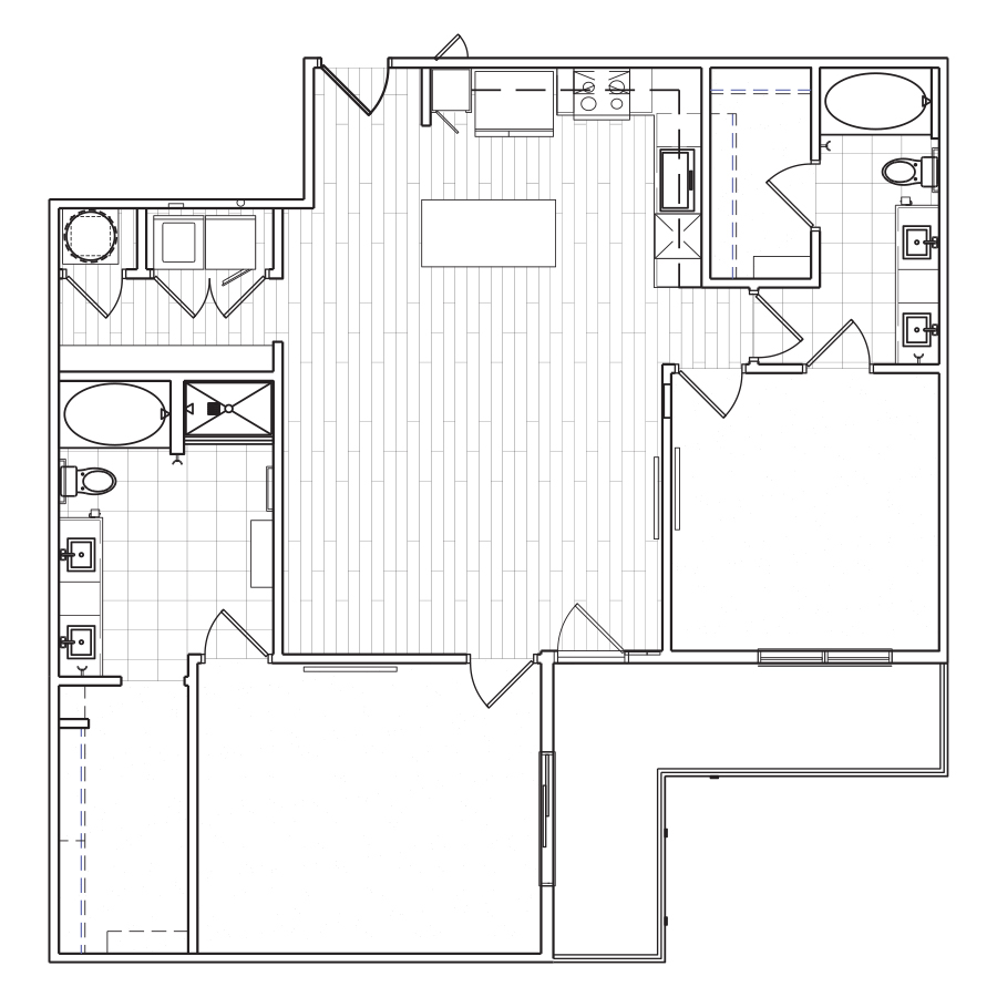 Rendering of the D1 floor plan with 2 bedroom[s] and 2 bathroom[s] at The Locale