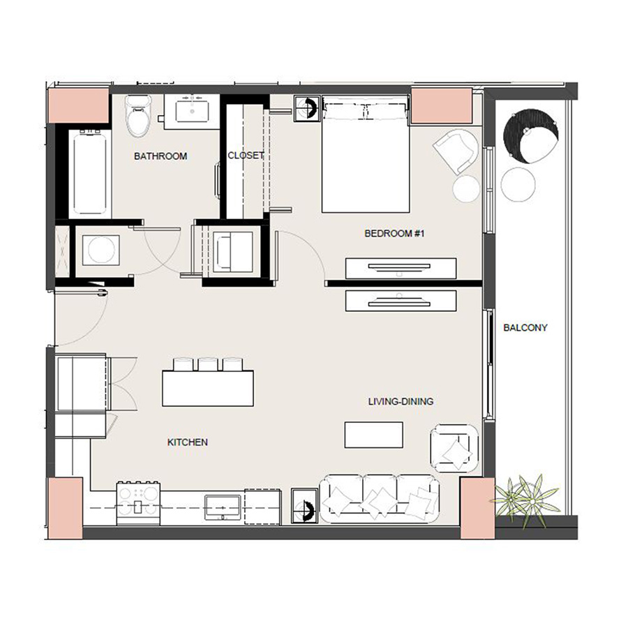 Rendering of the A10 - Affordable floor plan with 1 bedroom[s] and 1 bathroom[s] at Arte Grand Central Overtown