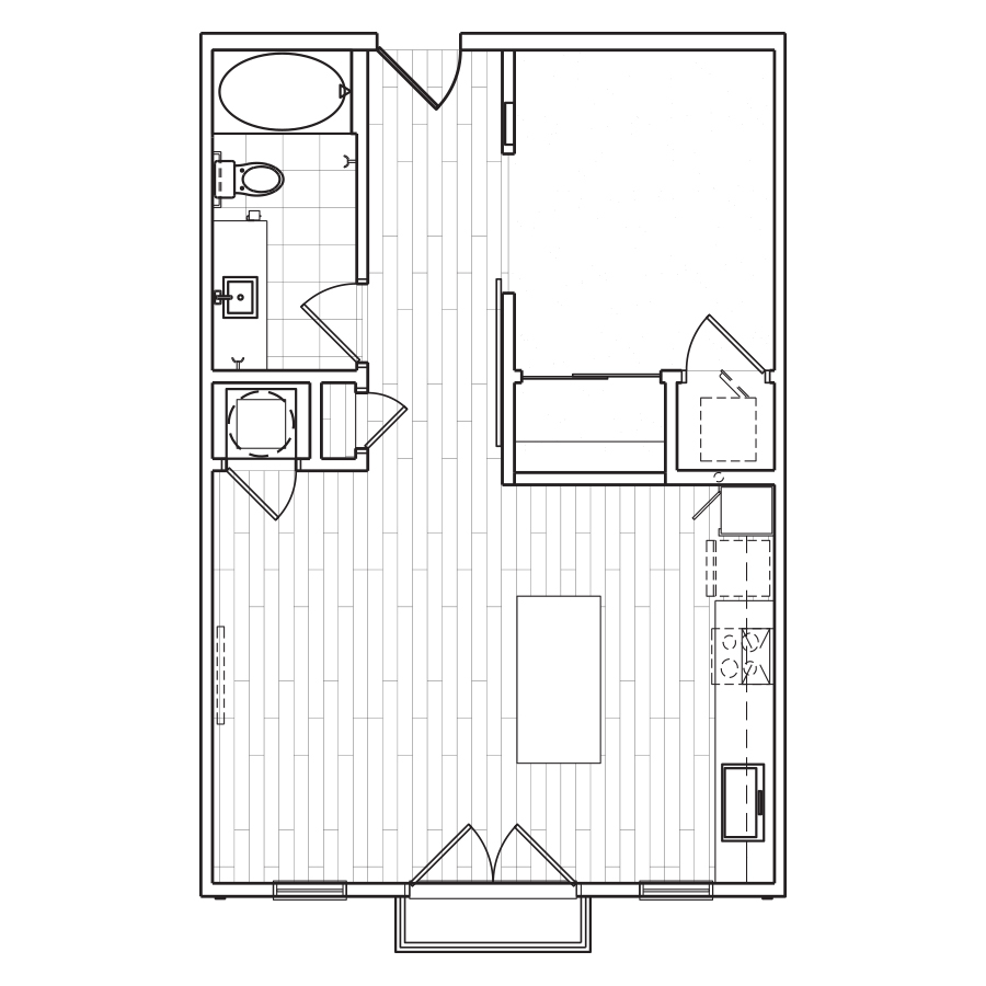Rendering of the A1 floor plan with 1 bedroom[s] and 1 bathroom[s] at The Locale