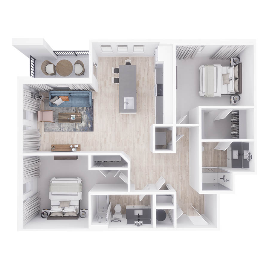 Rendering of the B2 floor plan with 2 bedroom[s] and 2 bathroom[s] at Arte St. Petersburg