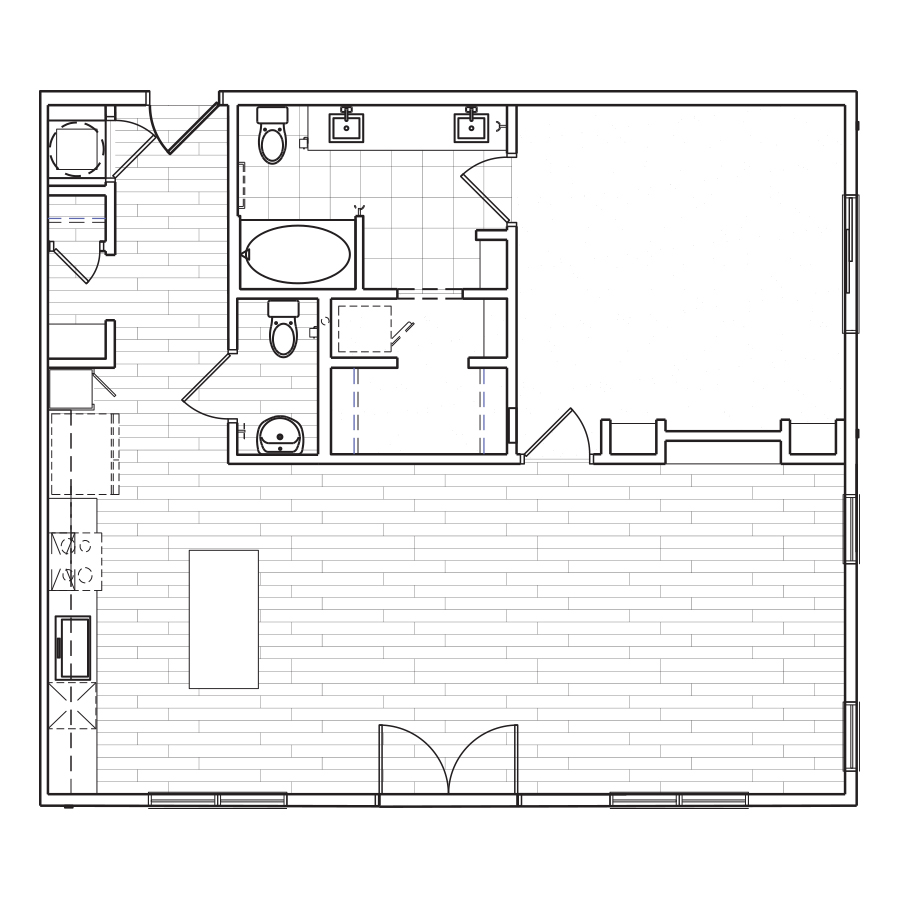 Rendering of the A9 floor plan with 1 bedroom[s] and 1.5 bathroom[s] at The Locale