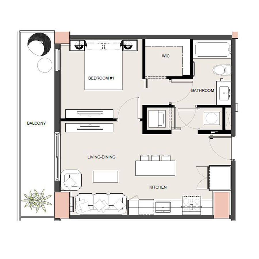 Rendering of the A7 - Affordable floor plan with 1 bedroom[s] and 1 bathroom[s] at Arte Grand Central Overtown
