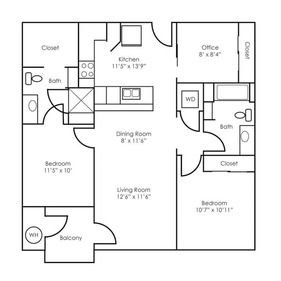 Rendering of the B3 floor plan with 2 bedroom[s] and 2 bathroom[s] at The Retreat at Patriot Park