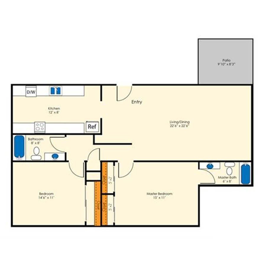 Rendering of the 2x2 1044 SF Classic floor plan with 2 bedroom[s] and 2 bathroom[s] at Aura at Midtown
