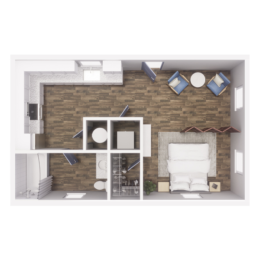 Rendering of the S2 floor plan with a Studio bedroom and 1 bathroom[s] at Cottages at Torin Point