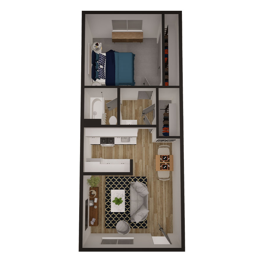 Rendering of the Central floor plan with 1 bedroom[s] and 1 bathroom[s] at Omnia on Thomas