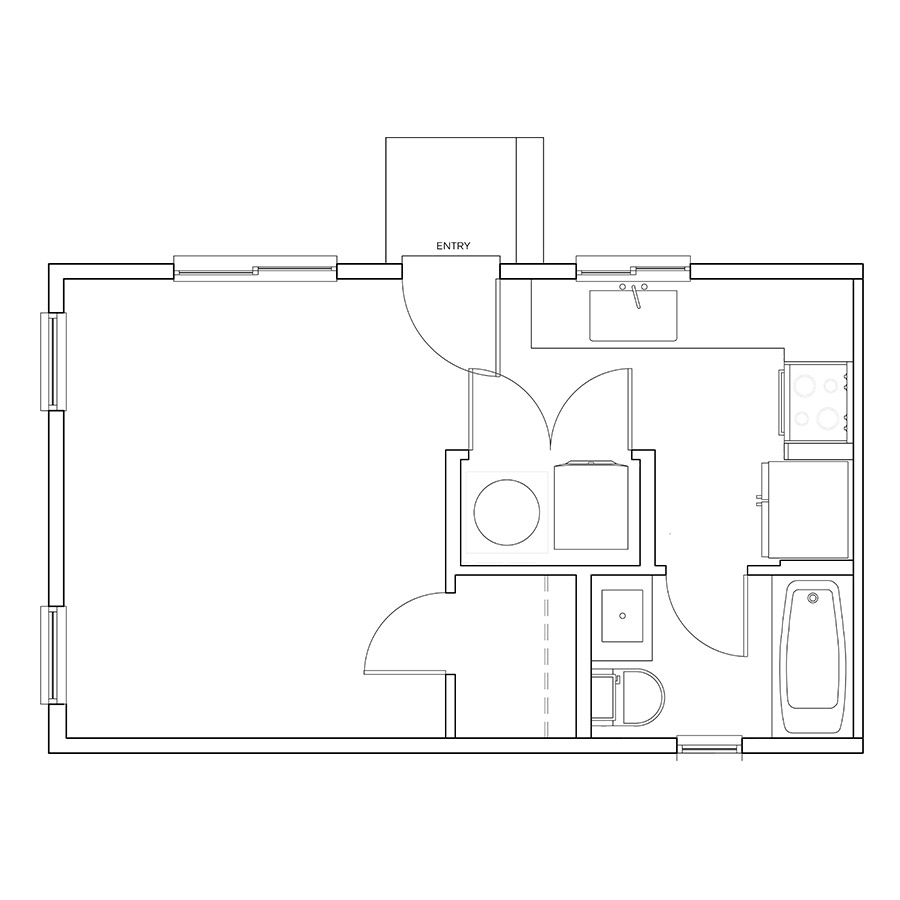 Rendering of the S2 floor plan with a Studio bedroom and 1 bathroom[s] at Cottages on the Boulevard