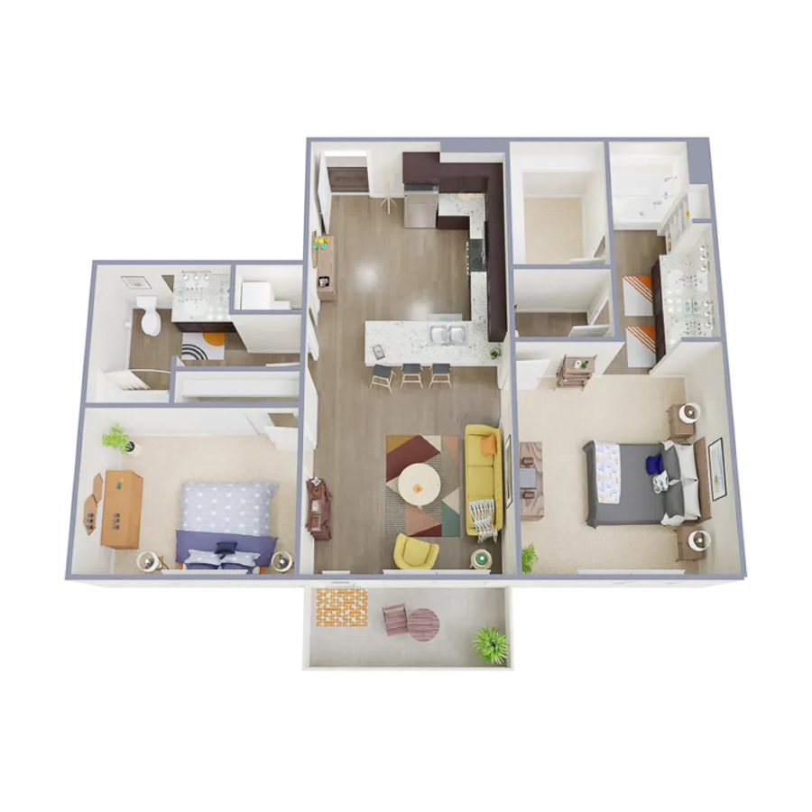 Rendering of the B2 floor plan with 2 bedroom[s] and 2 bathroom[s] at Marq at Monument Ridge