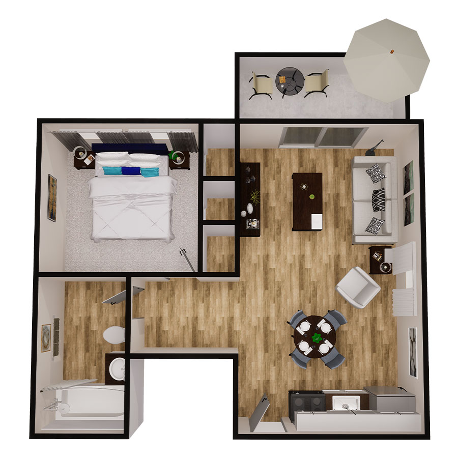 Rendering of the One Bedroom floor plan with 1 bedroom[s] and 1 bathroom[s] at Flats at Pinecliff