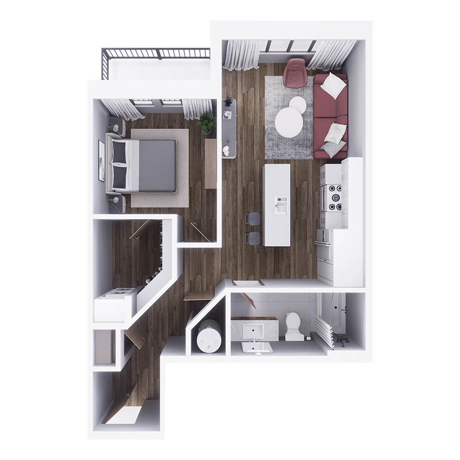 Rendering of the A2 floor plan with 1 bedroom[s] and 1 bathroom[s] at 29x