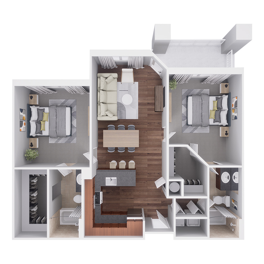 Rendering of the C3A floor plan with 2 bedroom[s] and 2 bathroom[s] at Highlands Lodge