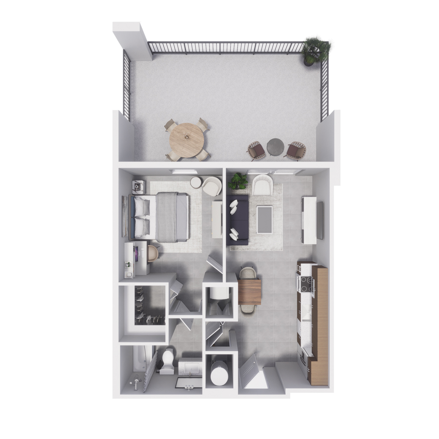 Rendering of the A3 floor plan with 1 bedroom[s] and 1 bathroom[s] at Arte Grand Central Overtown