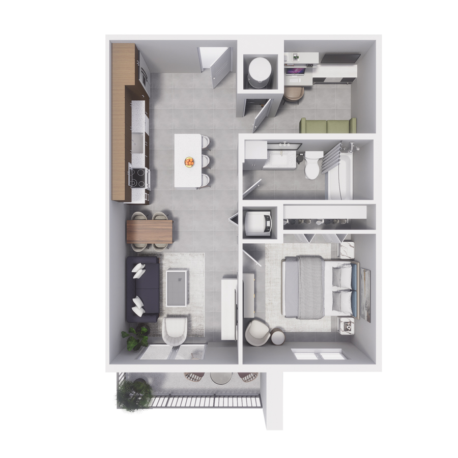 Rendering of the A14D floor plan with 1 bedroom[s] and 1 bathroom[s] at Arte Grand Central Overtown