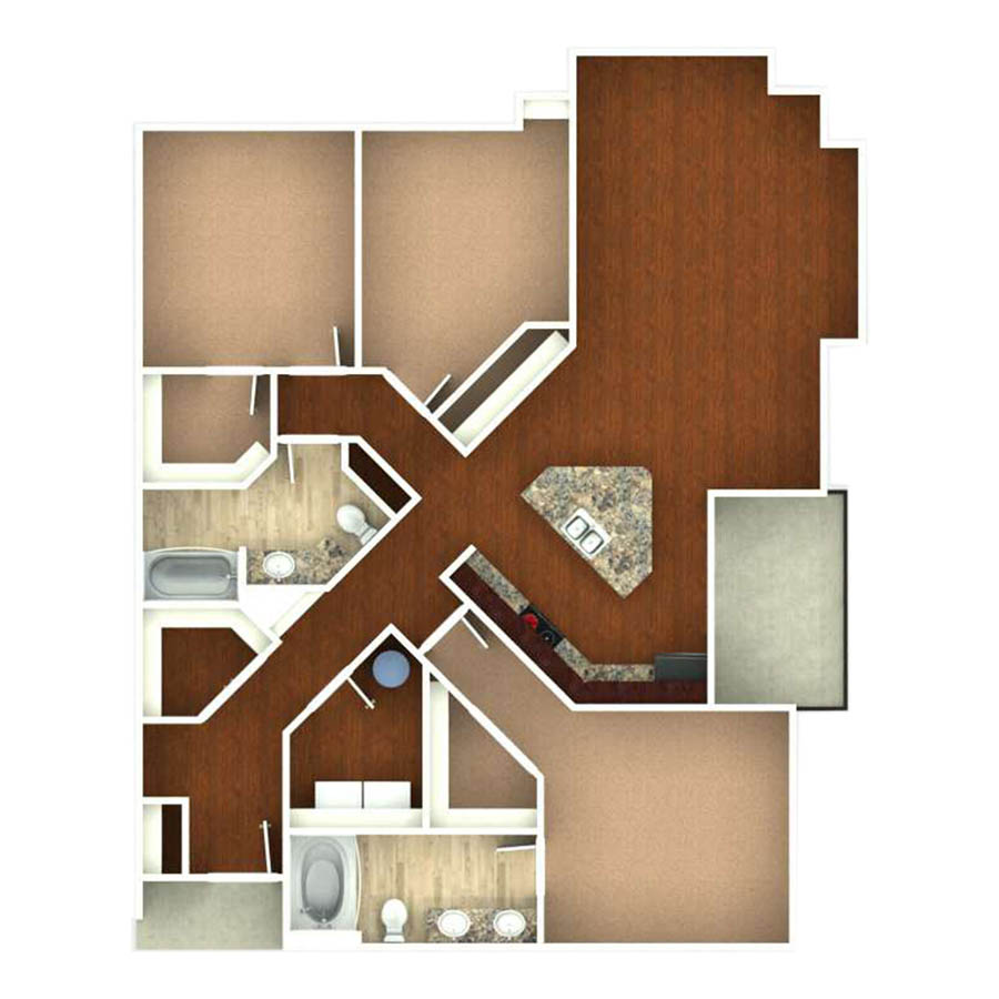 Rendering of the Summit floor plan with 3 bedroom[s] and 2 bathroom[s] at Centre Court