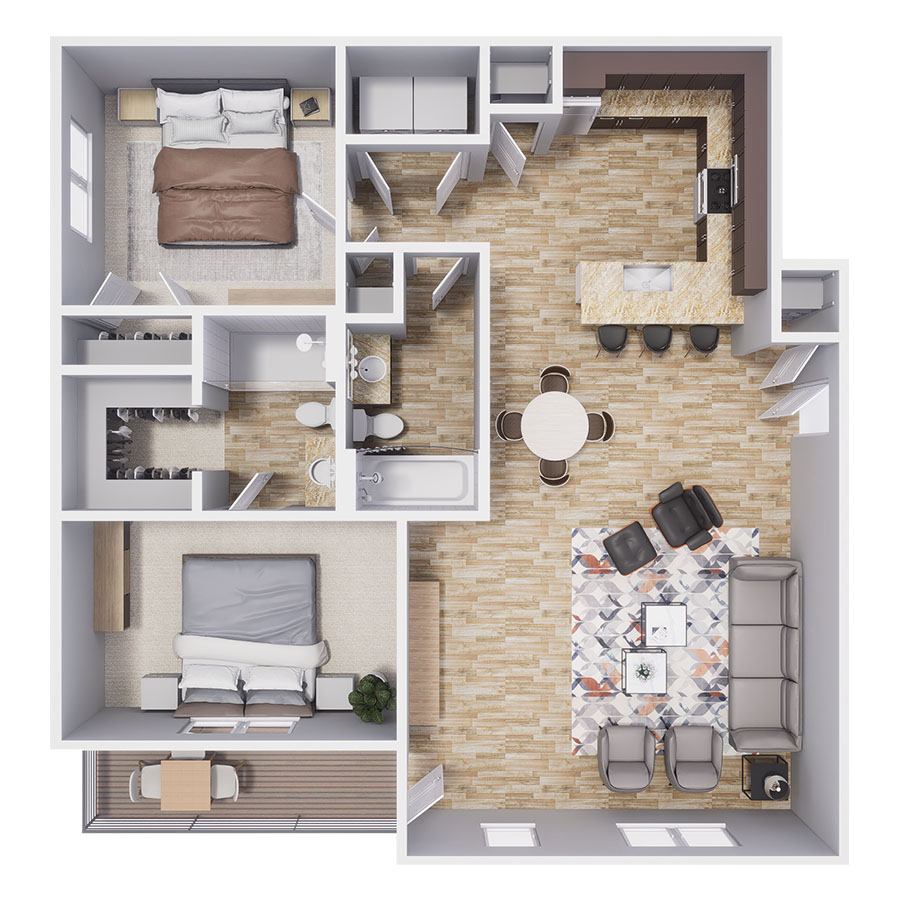Rendering of the B4 floor plan with 2 bedroom[s] and 2 bathroom[s] at Polaris Peak