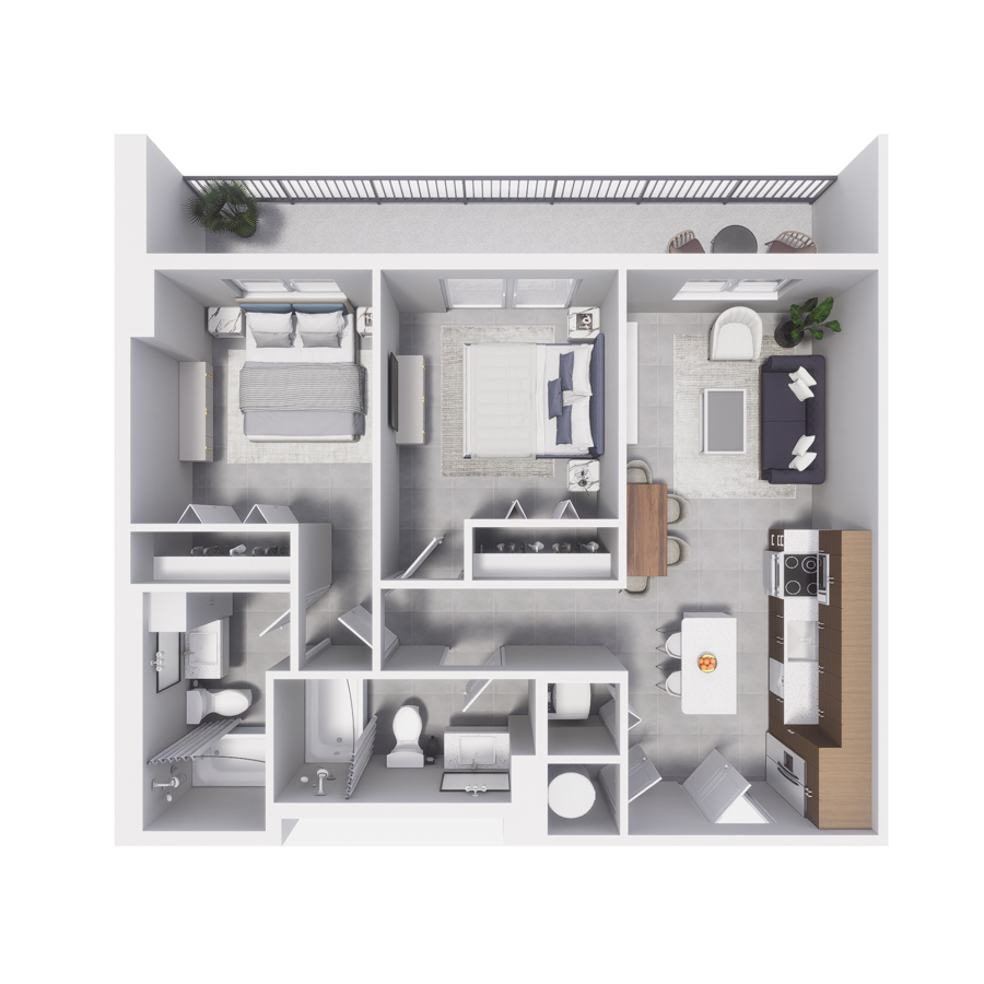 Rendering of the B1 floor plan with 2 bedroom[s] and 2 bathroom[s] at Arte Grand Central Overtown