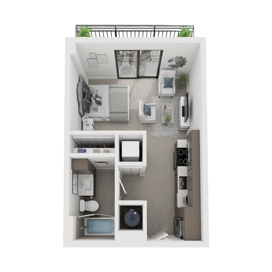 Rendering of the S1 floor plan with a Studio bedroom and 1 bathroom[s] at Arte Grand Central Overtown