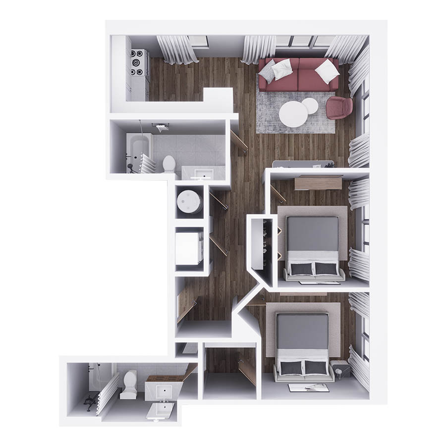 Rendering of the B1 floor plan with 2 bedroom[s] and 2 bathroom[s] at 29x