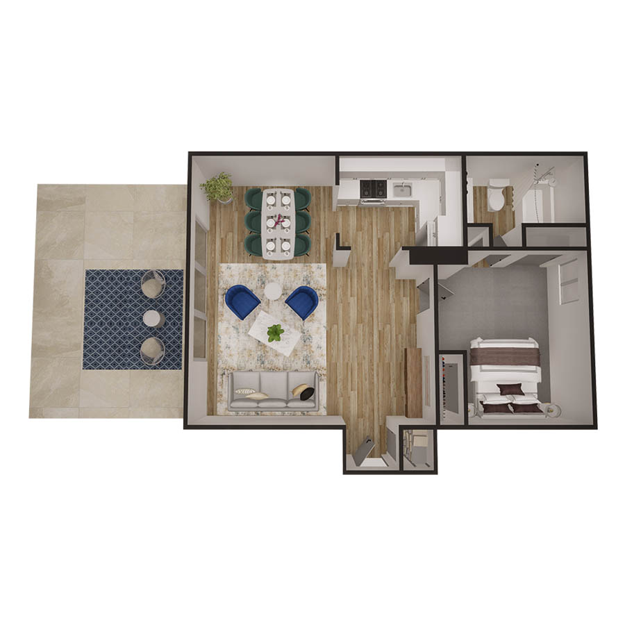 Rendering of the The El Monte floor plan with 1 bedroom[s] and 1 bathroom[s] at Kenilworth