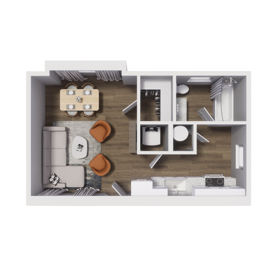 Rendering of the S1 floor plan with a Studio bedroom and 1 bathroom[s] at Cottages at Abbott Station