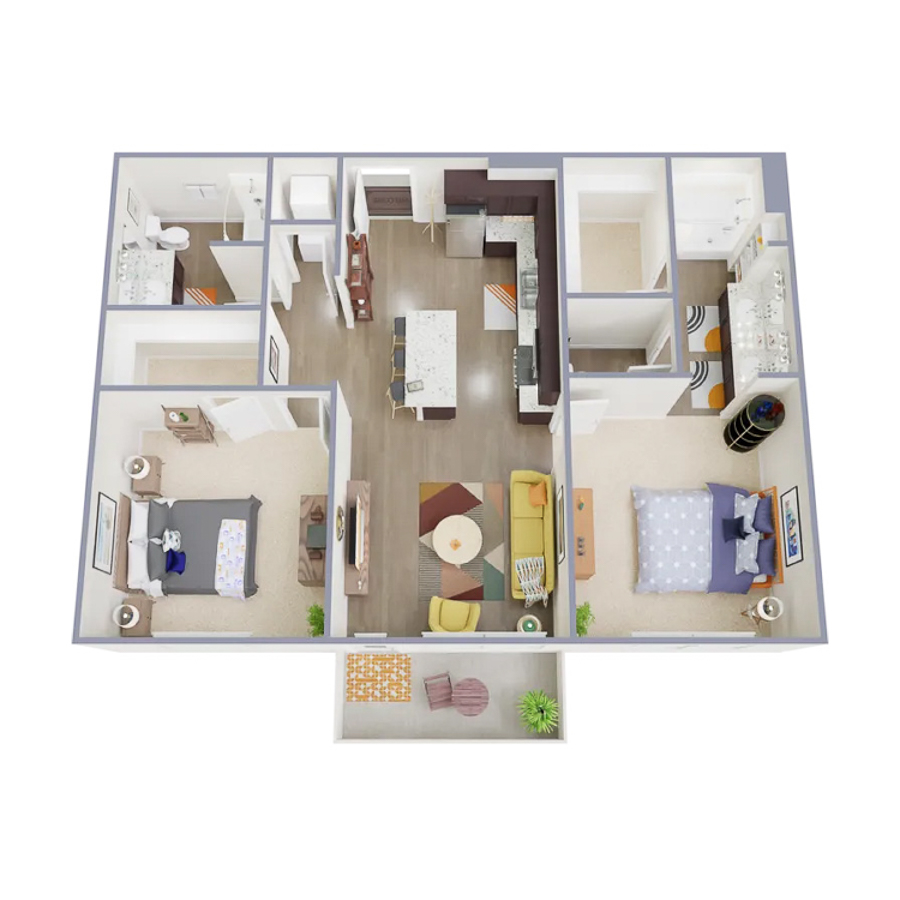 Rendering of the B3 floor plan with 2 bedroom[s] and 2 bathroom[s] at Marq at Monument Ridge