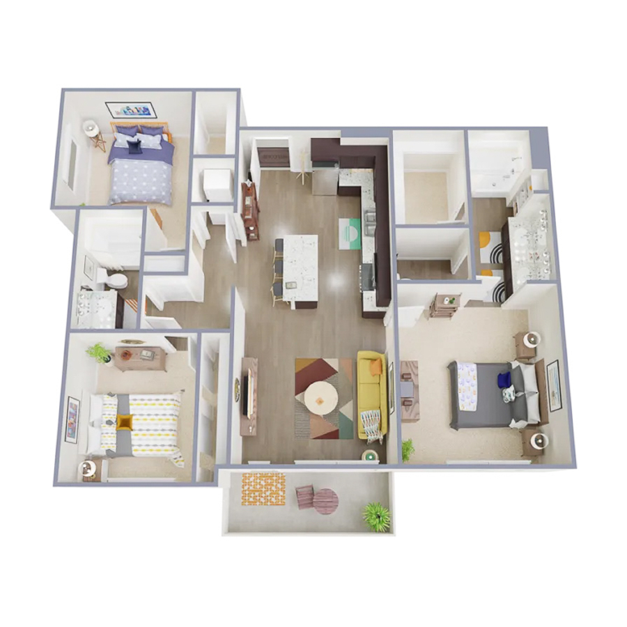 Rendering of the C1 floor plan with 3 bedroom[s] and 2 bathroom[s] at Marq at Monument Ridge
