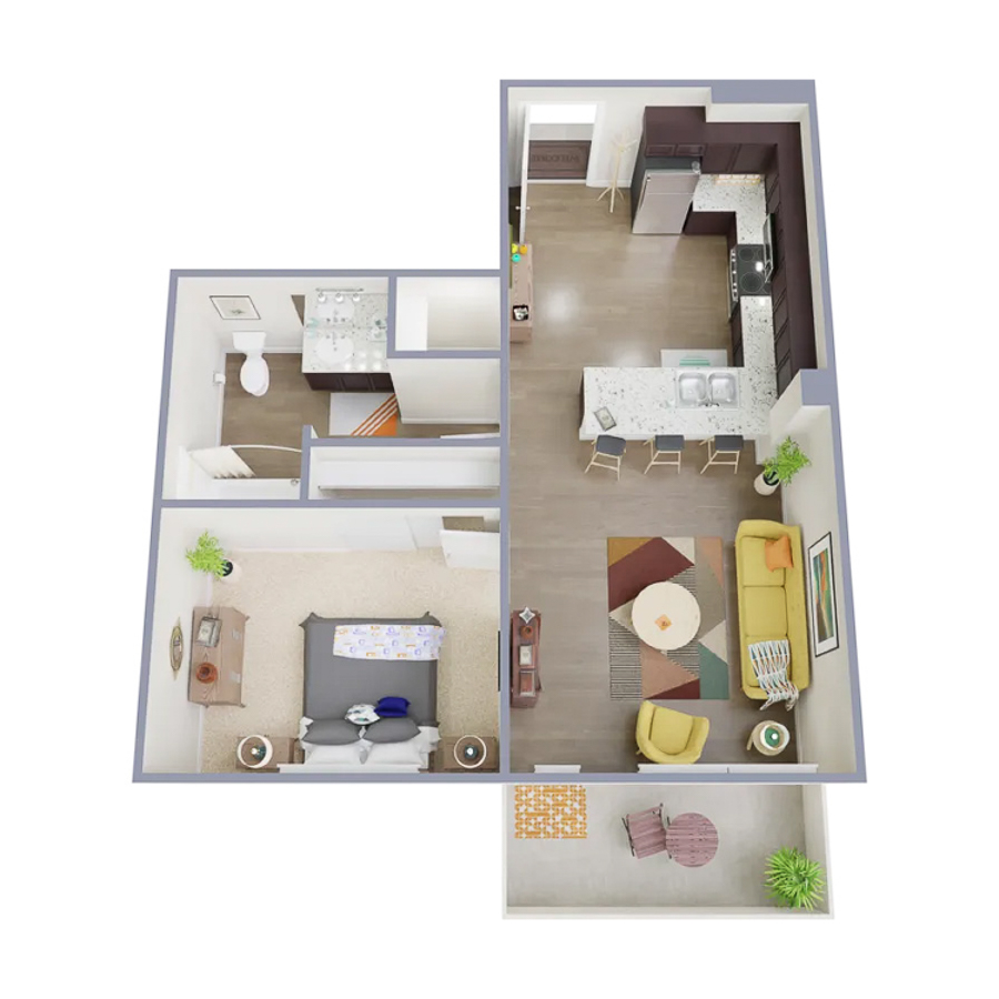 Rendering of the A2 floor plan with 1 bedroom[s] and 1 bathroom[s] at Marq at Monument Ridge