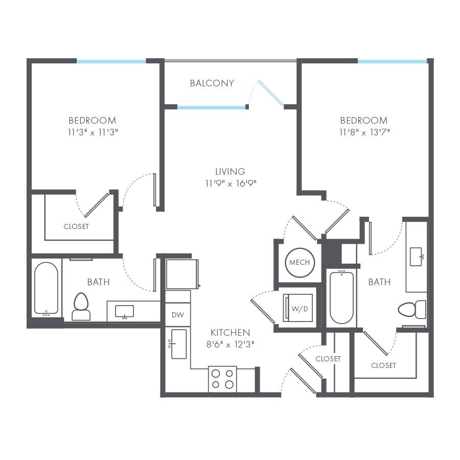 Rendering of the Muse floor plan with 2 bedroom[s] and 2 bathroom[s] at Arte Kansas City