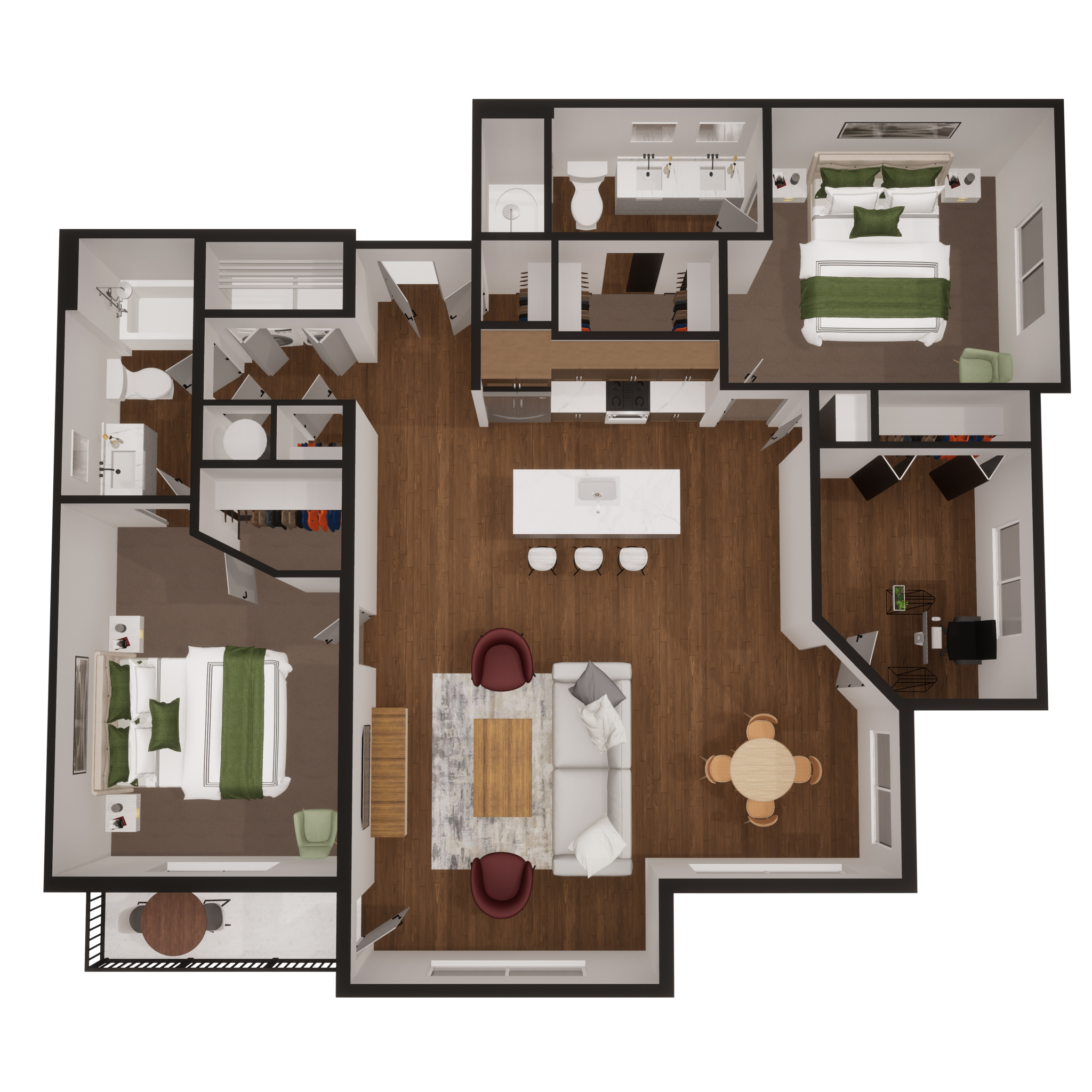Rendering of the D1 floor plan with 2 bedroom[s] and 2 bathroom[s] at Summit Square