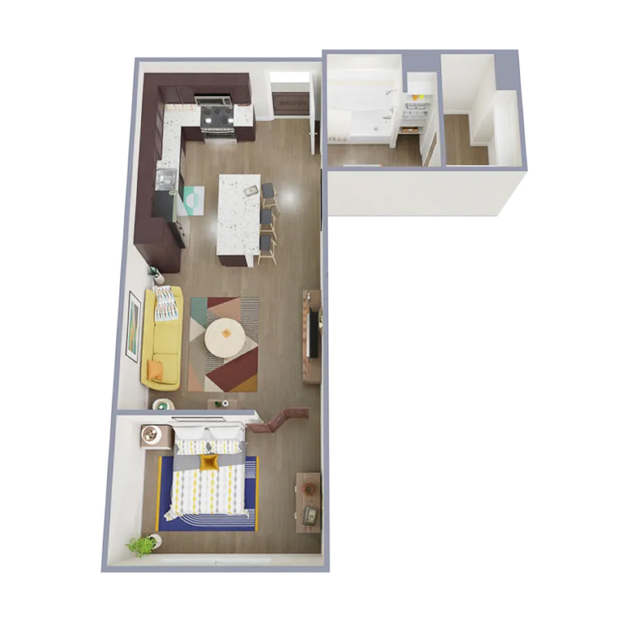 Rendering of the S2 floor plan with a Studio bedroom and 1 bathroom[s] at Marq at Monument Ridge