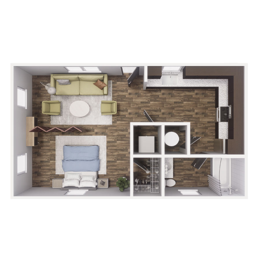 Rendering of the S2 floor plan with a Studio bedroom and 1 bathroom[s] at Cottages at Chapel Heights
