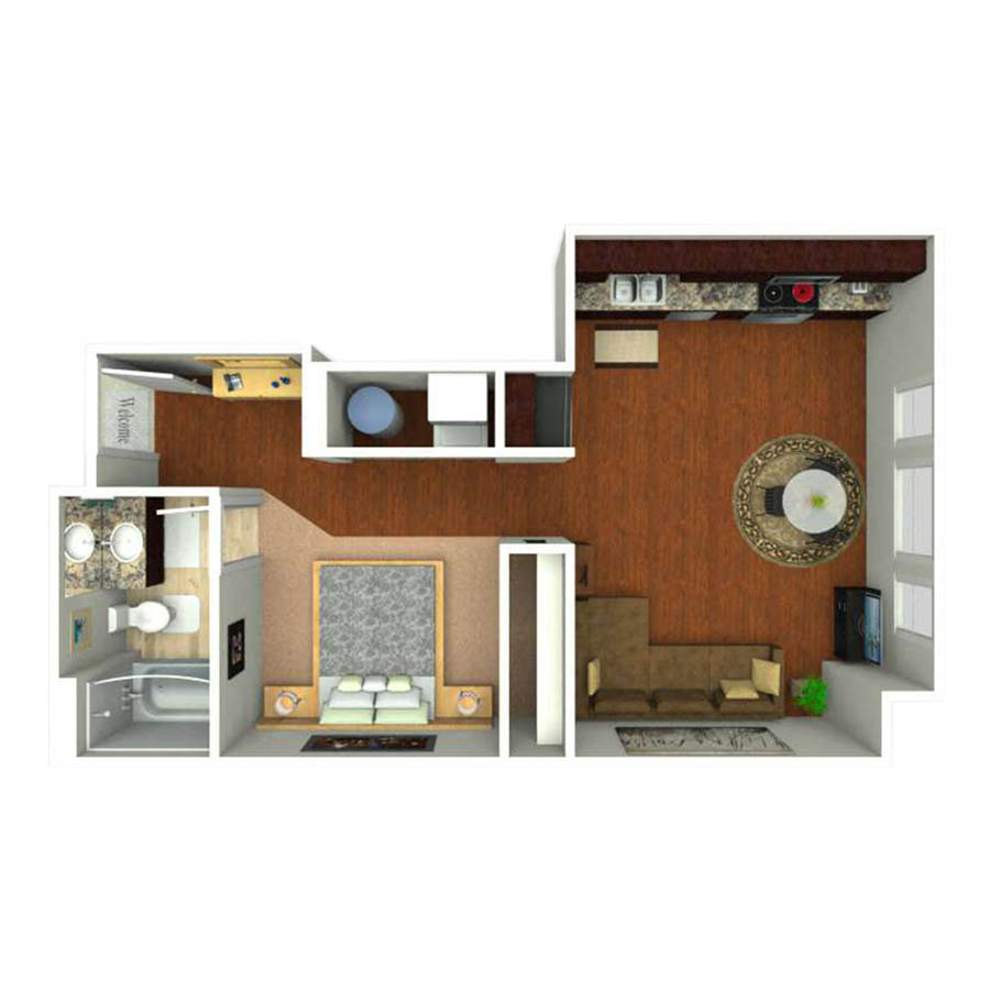 Rendering of the Alpine floor plan with a Studio bedroom and 1 bathroom[s] at Centre Court
