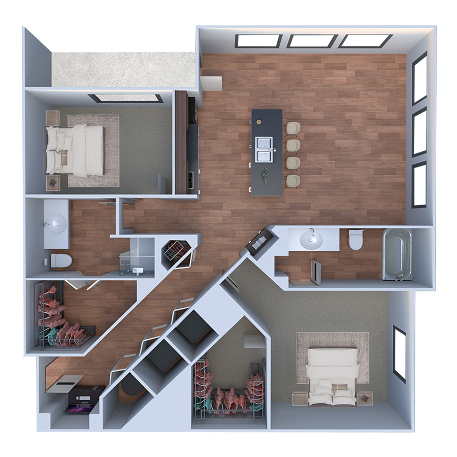 Rendering of the B Cinque floor plan with 2 bedroom[s] and 2 bathroom[s] at Forum Fitzsimons