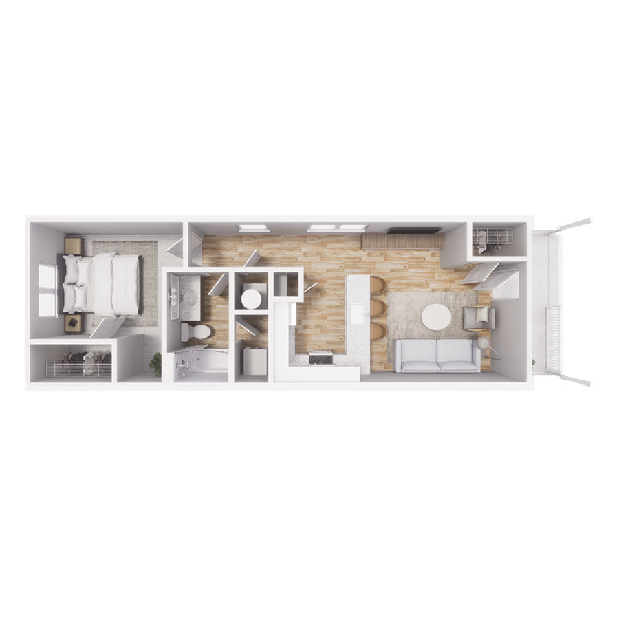 Rendering of the A1 floor plan with 1 bedroom[s] and 1 bathroom[s] at Cottages at Jetwing