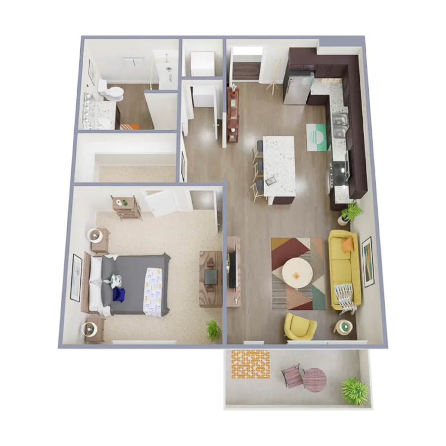 Rendering of the A3 floor plan with 1 bedroom[s] and 1 bathroom[s] at Marq at Monument Ridge