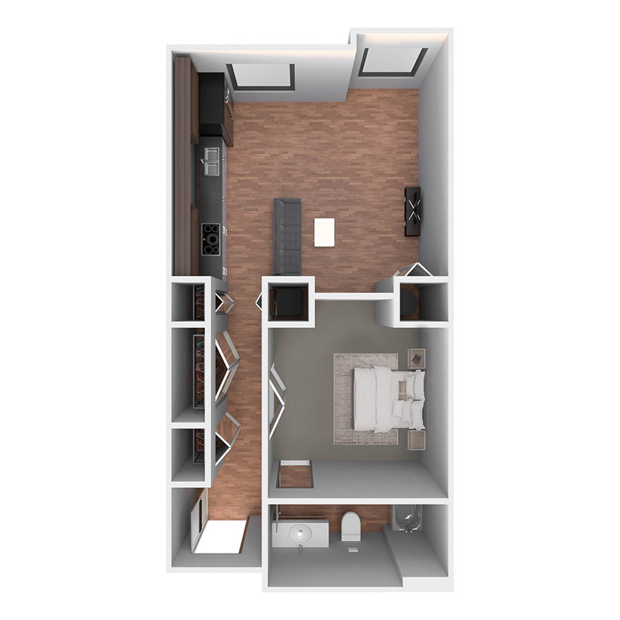Rendering of the Coal Creek floor plan with a Studio bedroom and 1 bathroom[s] at Centre Court