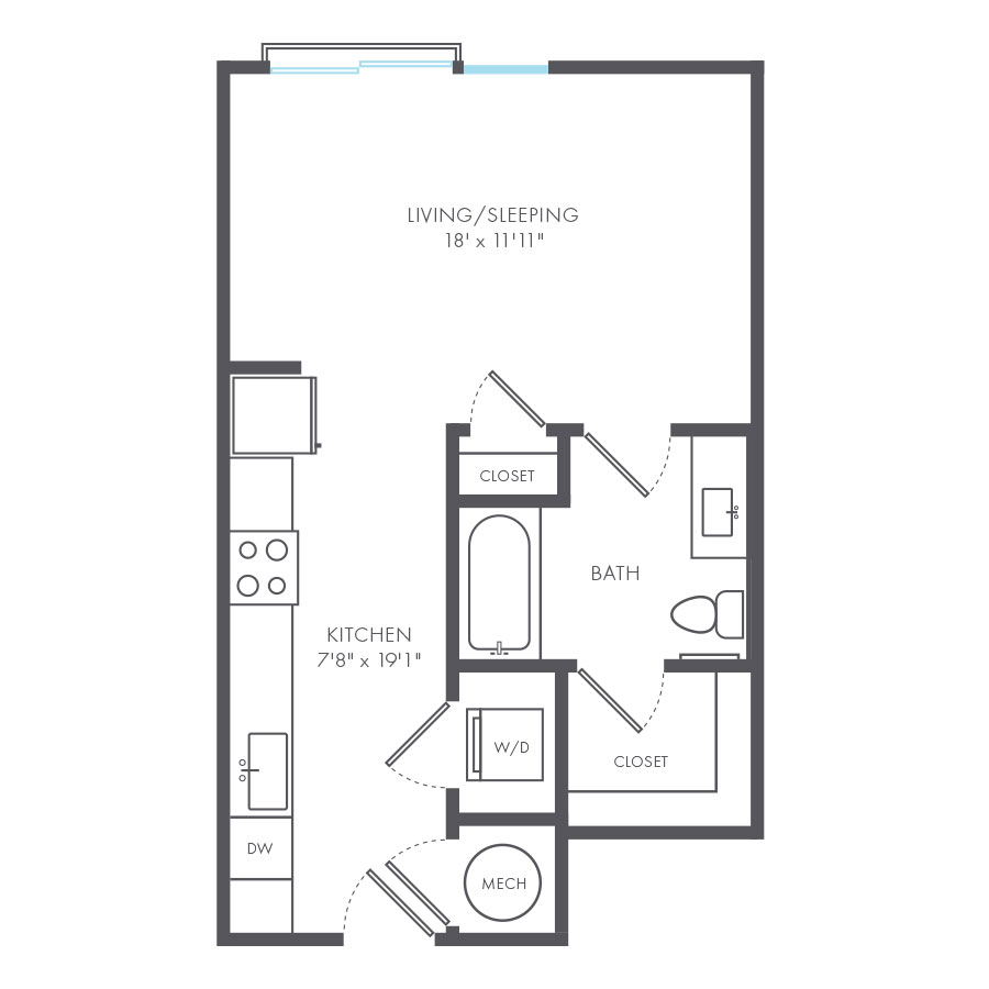 Rendering of the Jacqueline floor plan with a Studio bedroom and 1 bathroom[s] at Arte Kansas City