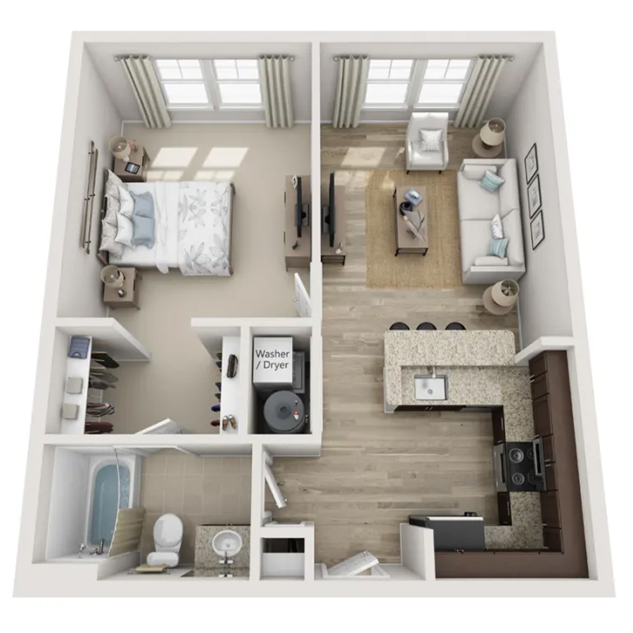 Rendering of the A1 floor plan with 1 bedroom[s] and 1 bathroom[s] at The Point at Bella Grove