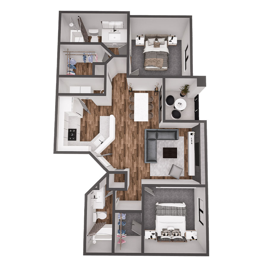 Rendering of the 2 Bed 2 Bath floor plan with 2 bedroom[s] and 2 bathroom[s] at The Villas at Mountain Vista Ranch