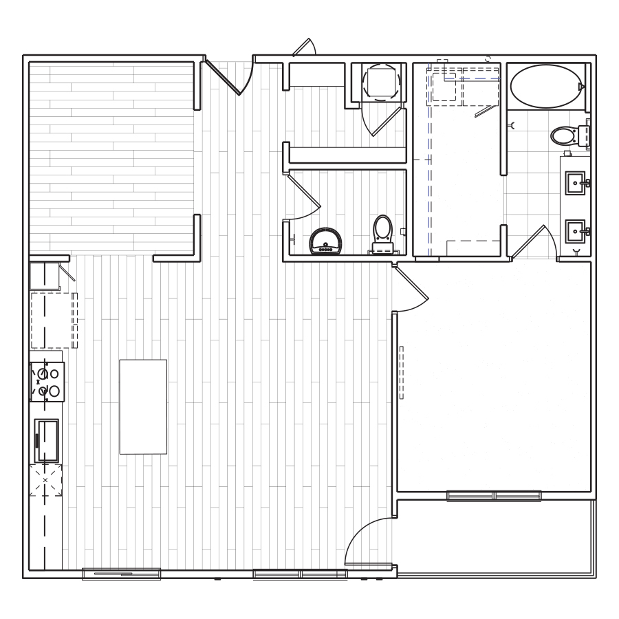 Rendering of the B3 floor plan with 1 bedroom[s] and 1.5 bathroom[s] at The Locale
