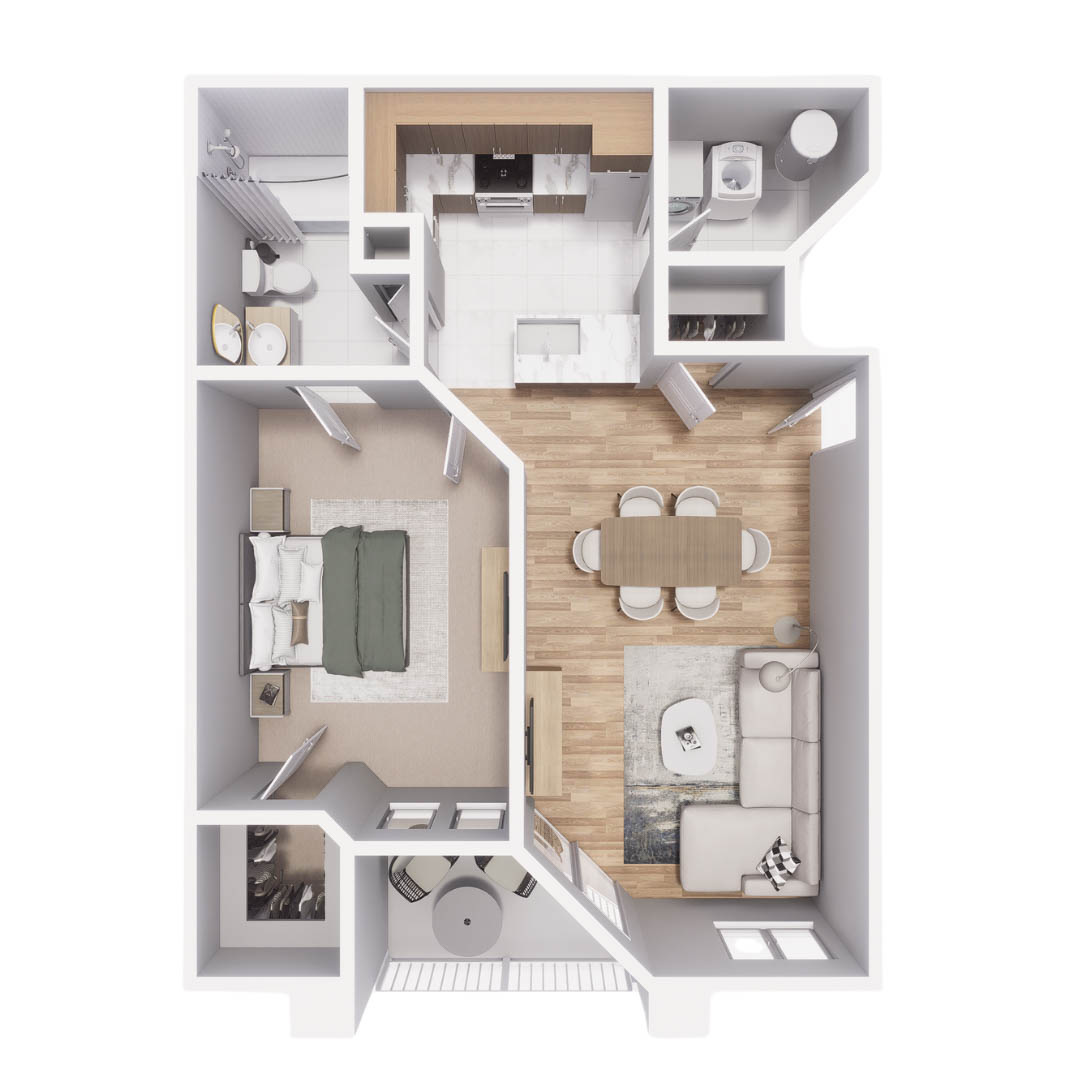 Rendering of the A4 floor plan with 1 bedroom[s] and 1 bathroom[s] at Mandarina