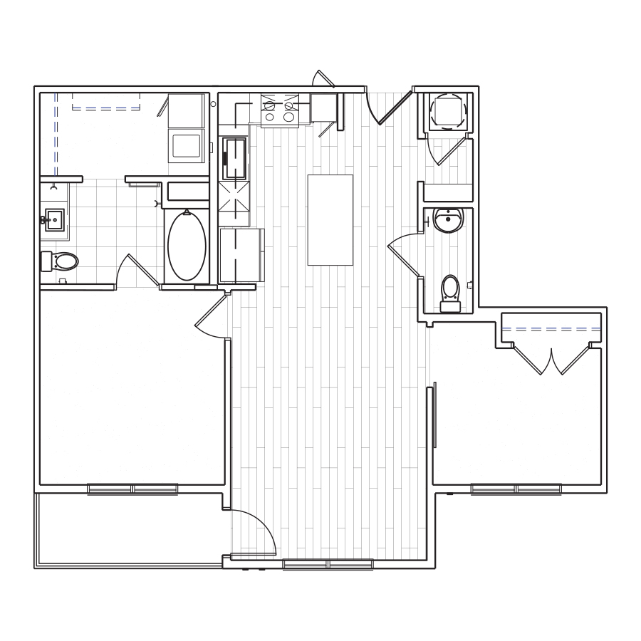 Rendering of the B2HC floor plan with 1 bedroom[s] and 1.5 bathroom[s] at The Locale