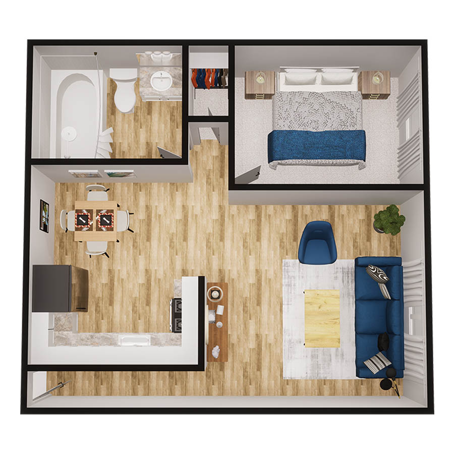 Rendering of the Pinnacle floor plan with 1 bedroom[s] and 1 bathroom[s] at Sunset Peak