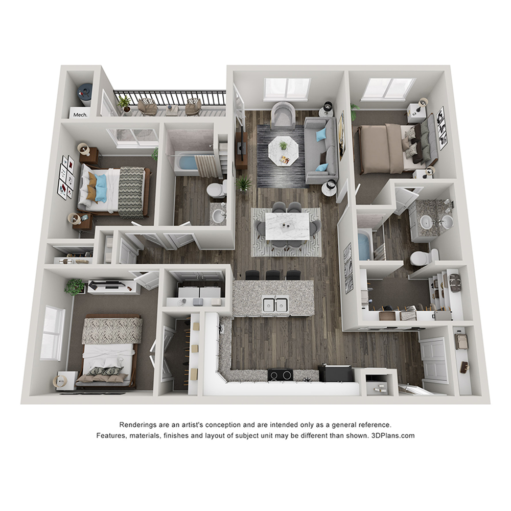 Rendering of the C1 floor plan with 3 bedroom[s] and 2 bathroom[s] at The Flats at Aero Park