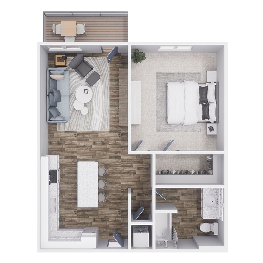 Rendering of the A4 floor plan with 1 bedroom[s] and 1 bathroom[s] at 532 CO
