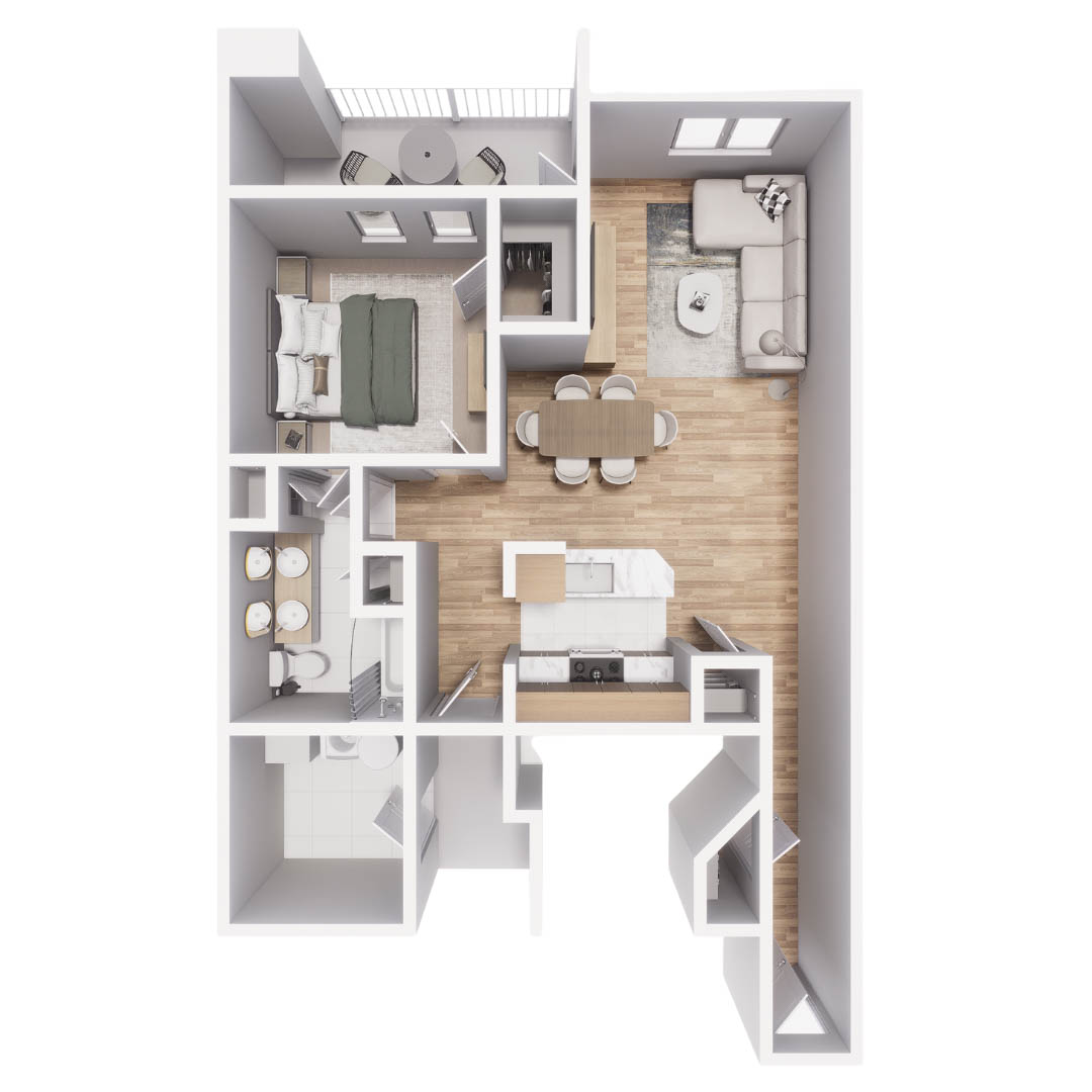 Rendering of the A6 floor plan with 1 bedroom[s] and 1 bathroom[s] at Mandarina
